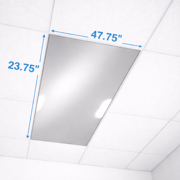 Mirrorlite® 23.75" x 47.75" drop ceiling glassless mirror panel installed in suspended ceiling grid