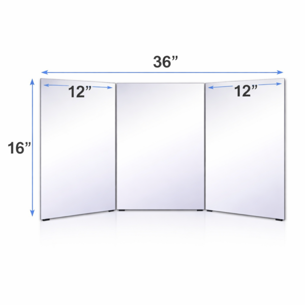 16 x 36 tri folding glassless mirror with three panels designed for portable and safe use