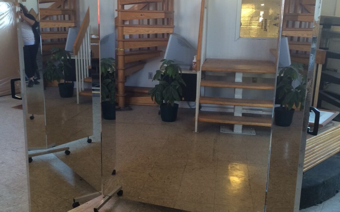 Tri-Folding Glassless Mirror On Rolling Stands