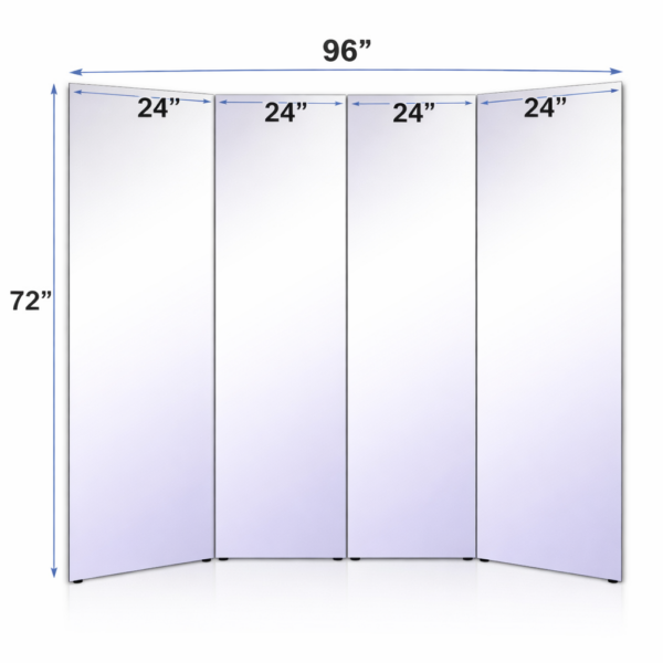 72x96 Quad Folding glassless mirror with four panels designed for portable and safe use